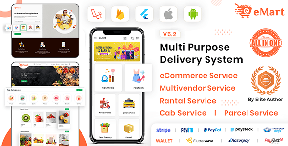 eMart v5.1 - Multivendor Food, eCommerce, Parcel, Taxi booking, Car Rental App with Admin and Website